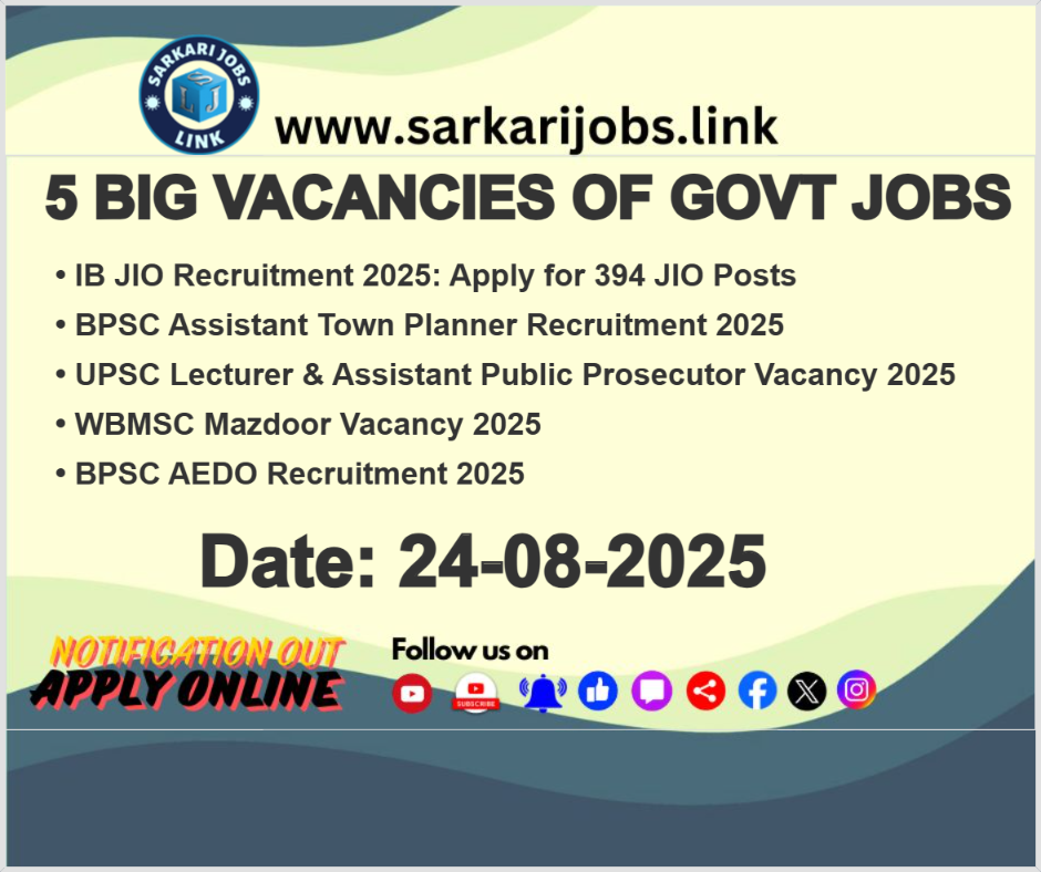 Today's 5 Big Vacancies Updates of Govt Jobs on 24th-August-2025 5 Big Vacancies of Govt Jobs 24th Aug 2025