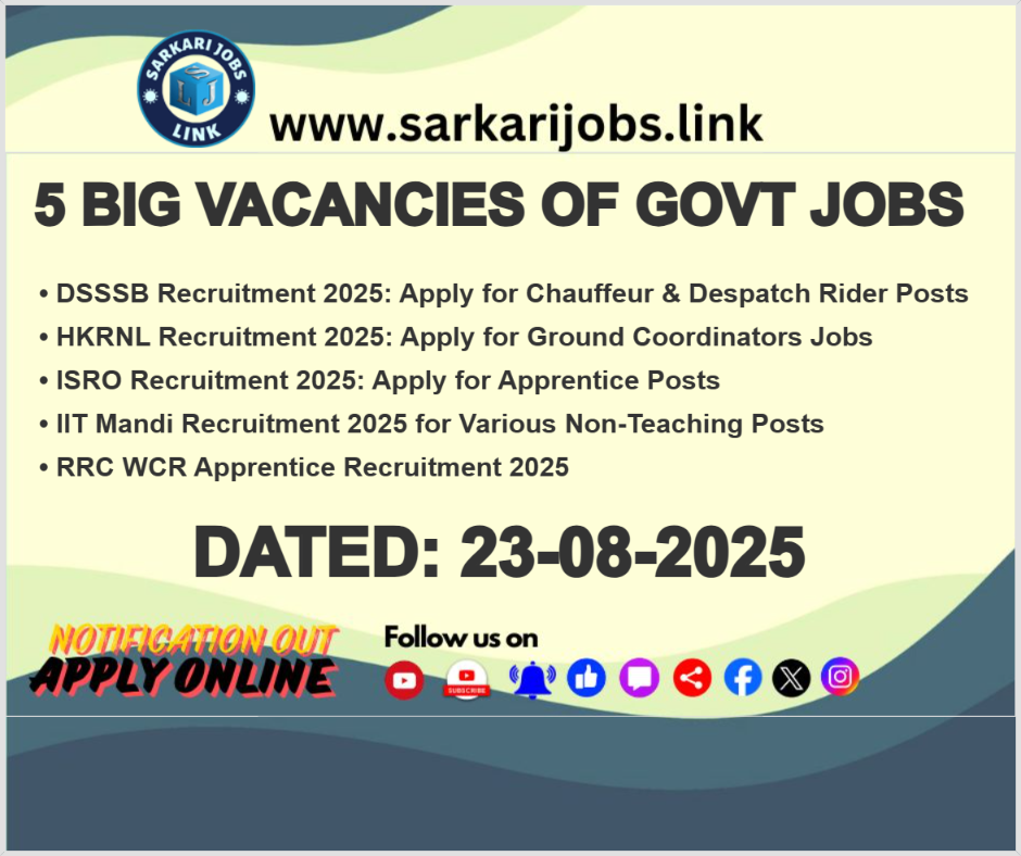5 Big Vacancies of Govt Jobs on 23rd-August-2025 5 Big Vacancies of Govt Jobs