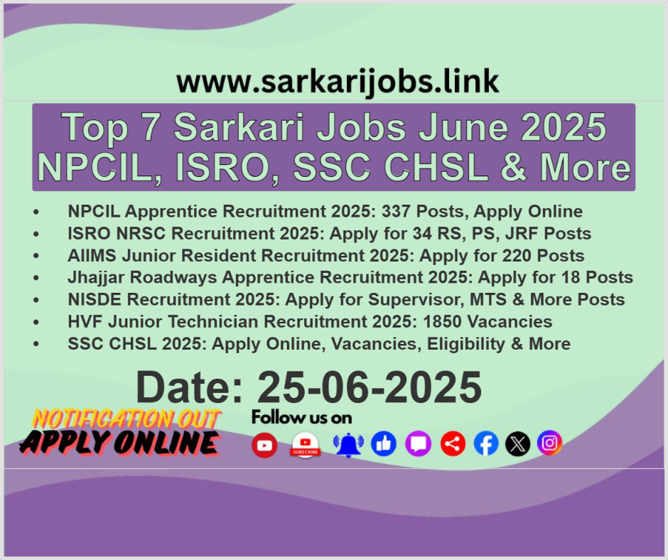 Top 7 Sarkari Jobs June 2025: NPCIL, ISRO, SSC CHSL & More Top 7 Sarkari Jobs June 2025