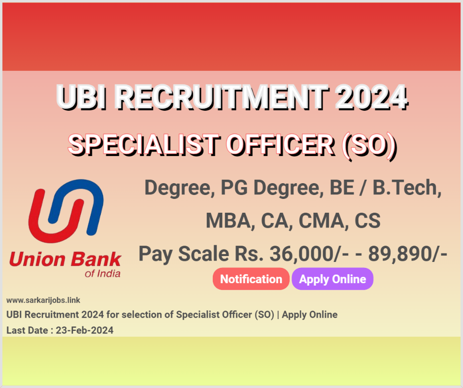 UBI Recruitment 2024 Specialist Officer